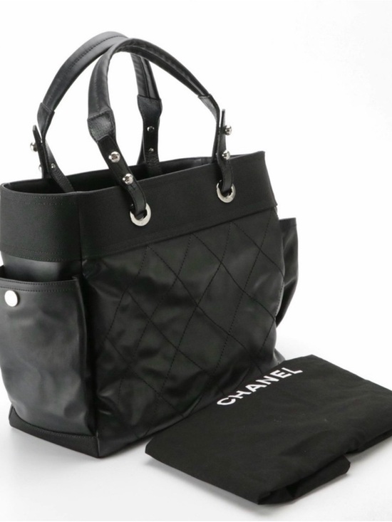 CHANEL Handbags - CHANEL Paris Biarritz Tote, Black Quilted Coated Canvas w Top Handles  Zip Pouch